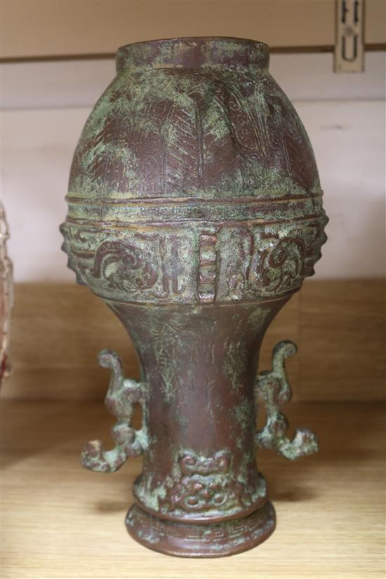 A group of Oriental ceramics, a lacquer box, a bronze, etc.